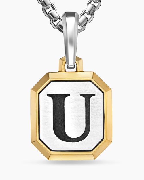 Mens U Initial Amulet in Sterling Silver with 14K Yellow Gold, 17mm