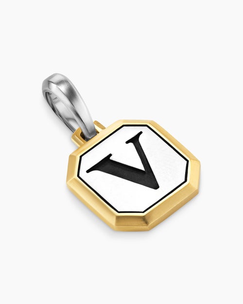 Mens V Initial Amulet in Sterling Silver with 14K Yellow Gold, 17mm