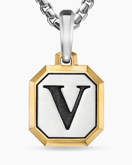 Mens V Initial Amulet in Sterling Silver with 14K Yellow Gold, 17mm