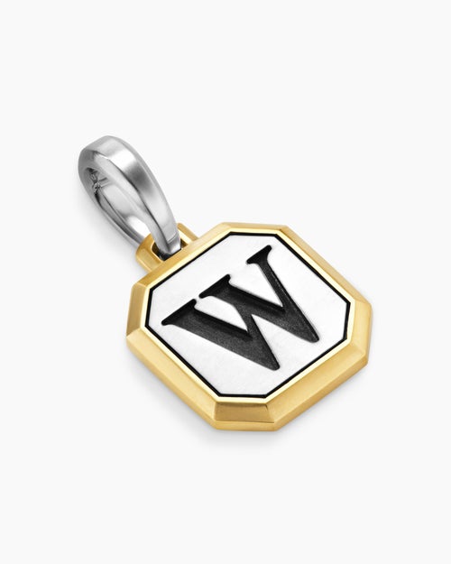 Mens W Initial Amulet in Sterling Silver with 14K Yellow Gold, 17mm