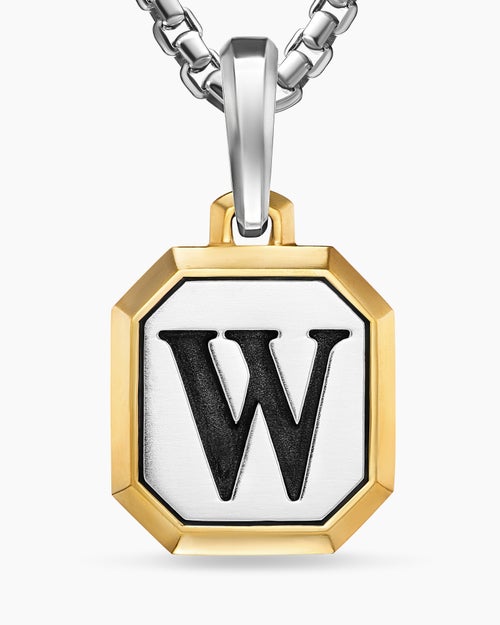 Mens W Initial Amulet in Sterling Silver with 14K Yellow Gold, 17mm