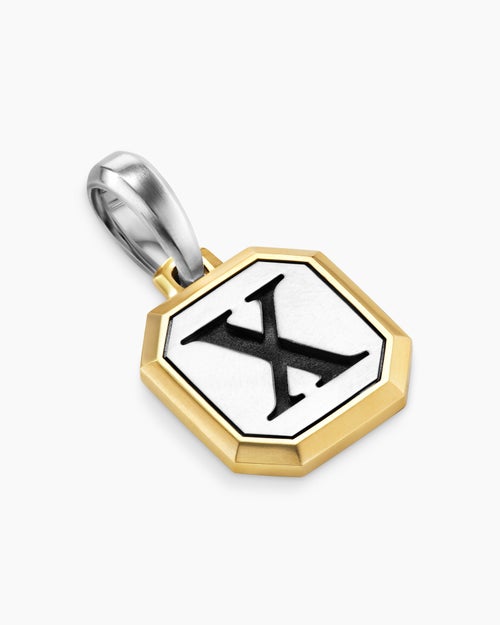Mens X Initial Amulet in Sterling Silver with 14K Yellow Gold, 17mm