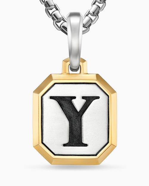 Mens Y Initial Amulet in Sterling Silver with 14K Yellow Gold, 17mm