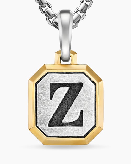Mens Z Initial Amulet in Sterling Silver with 14K Yellow Gold, 17mm