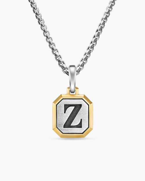 Mens Z Initial Amulet in Sterling Silver with 14K Yellow Gold, 17mm