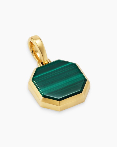 Mens Faceted Stone Amulet in 18K Yellow Gold with Malachite, 16mm