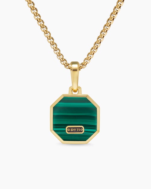 Mens Faceted Stone Amulet in 18K Yellow Gold with Malachite, 16mm