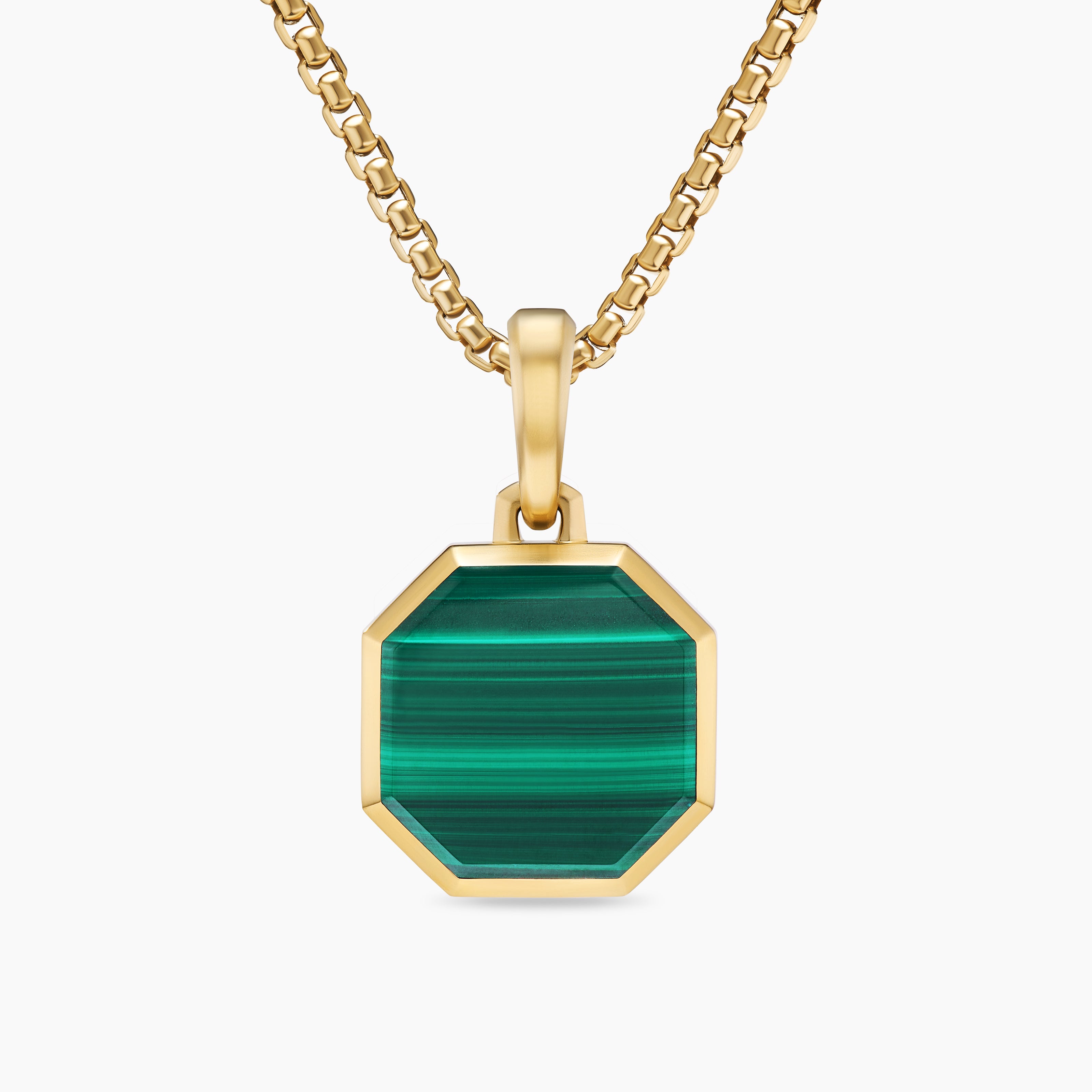Mens Faceted Stone Amulet in 18K Yellow Gold with Malachite, 16mm