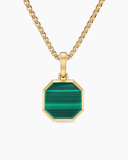 Mens Faceted Stone Amulet in 18K Yellow Gold with Malachite, 16mm