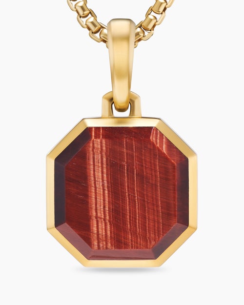 Mens Faceted Stone Amulet in 18K Yellow Gold with Red Tiger's Eye, 16mm