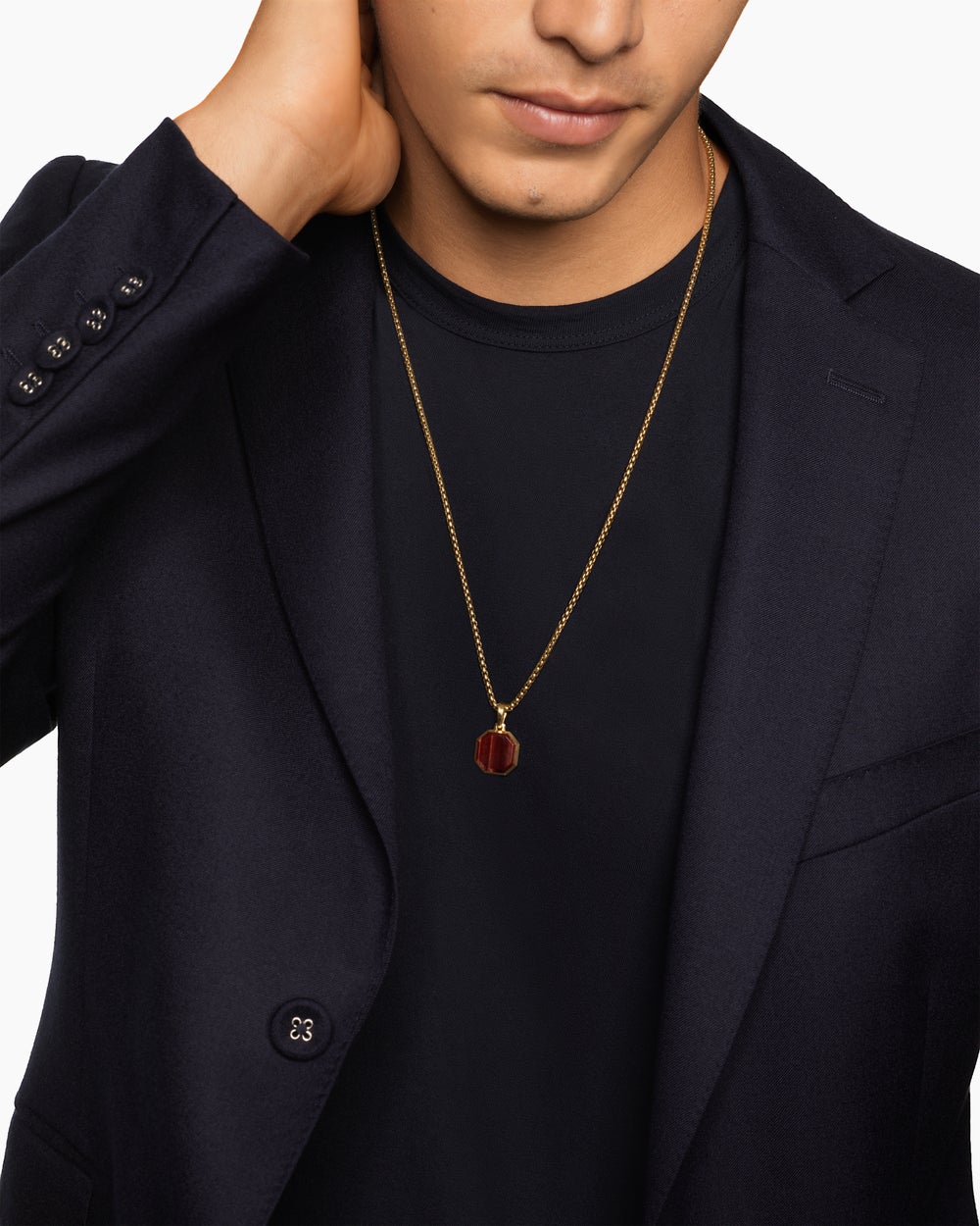 Mens Faceted Stone Amulet in 18K Yellow Gold with Red Tiger's Eye, 16mm
