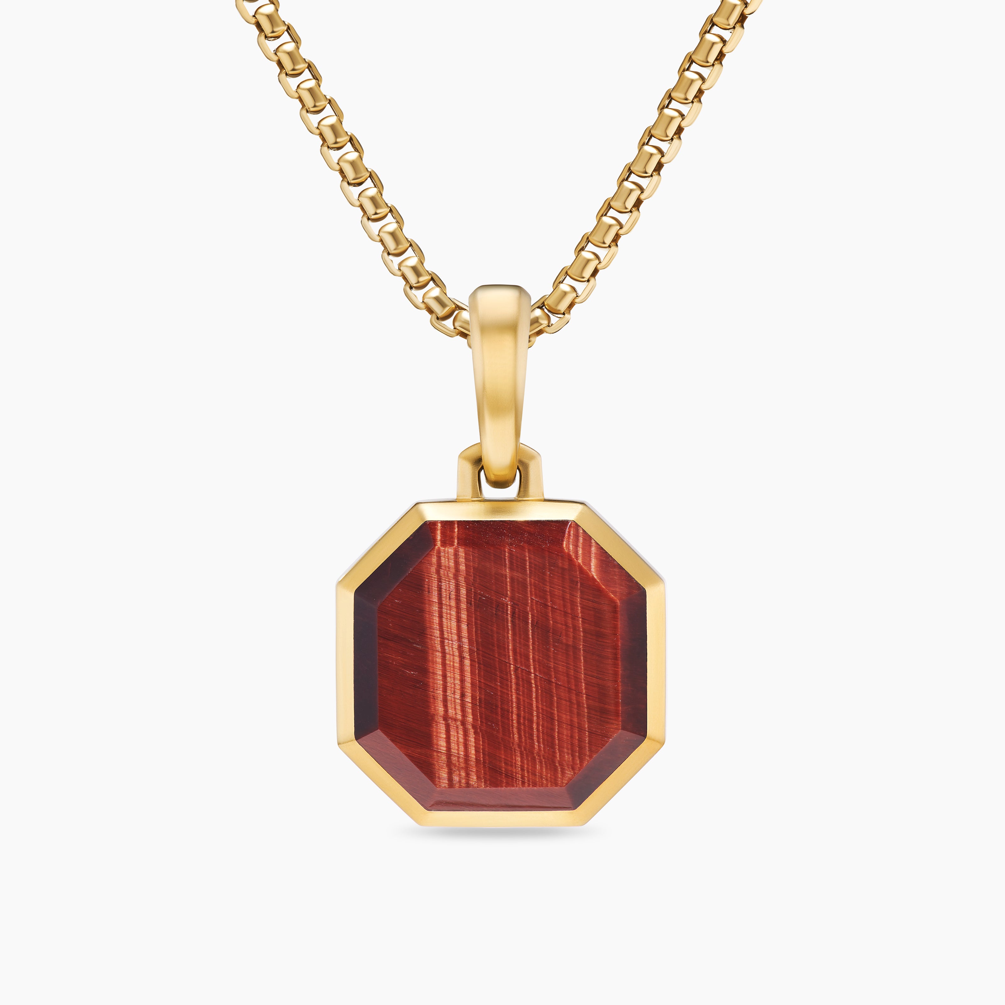 Mens Faceted Stone Amulet in 18K Yellow Gold with Red Tiger's Eye, 16mm