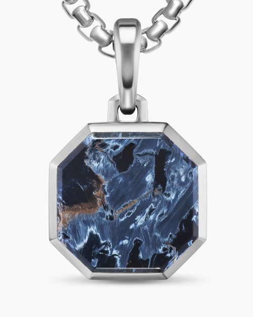 Mens Faceted Stone Amulet in Sterling Silver with Pietersite, 16mm