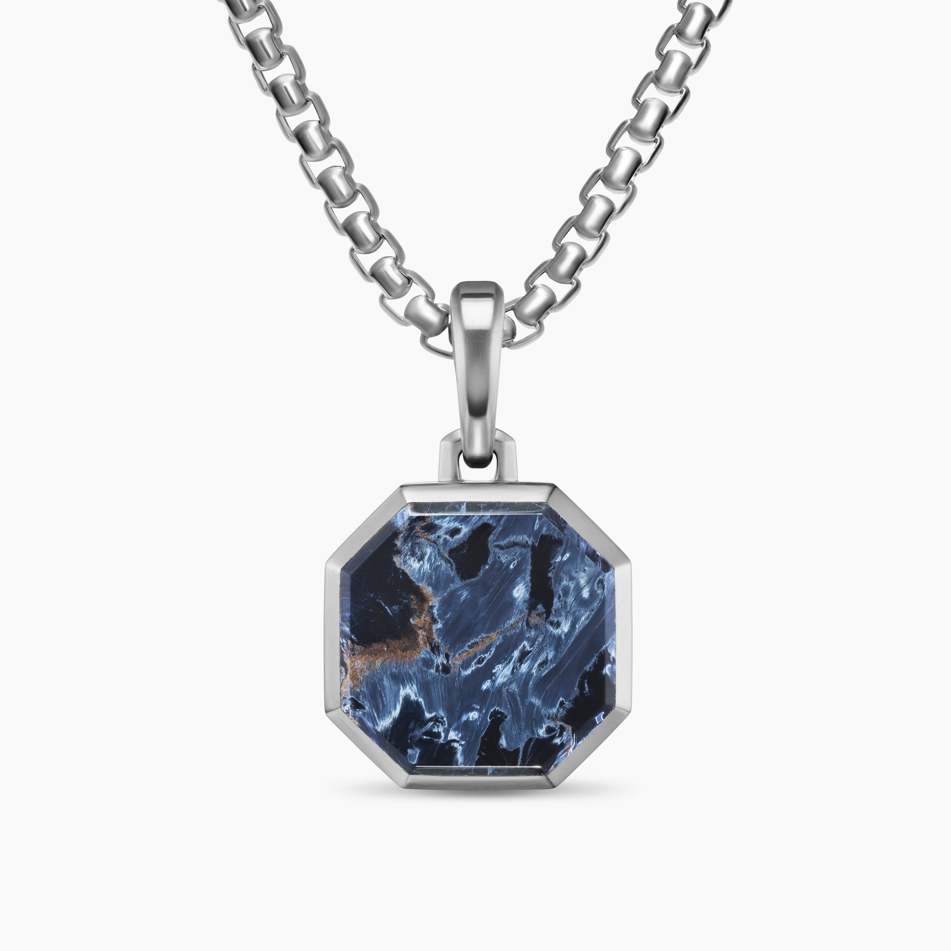Mens Faceted Stone Amulet in Sterling Silver with Pietersite, 16mm