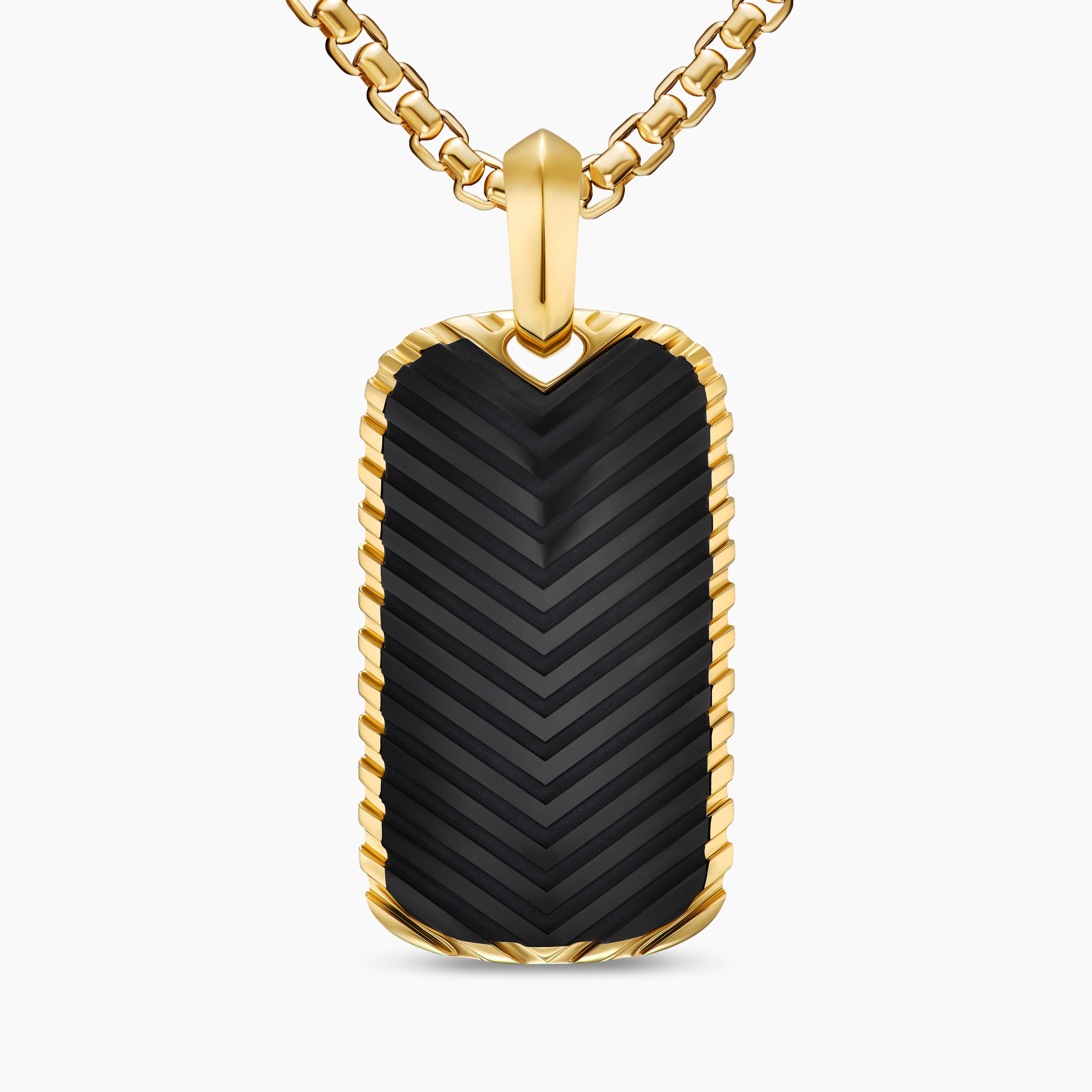 Mens Chevron Tag in 18K Yellow Gold with Black Onyx, 34mm