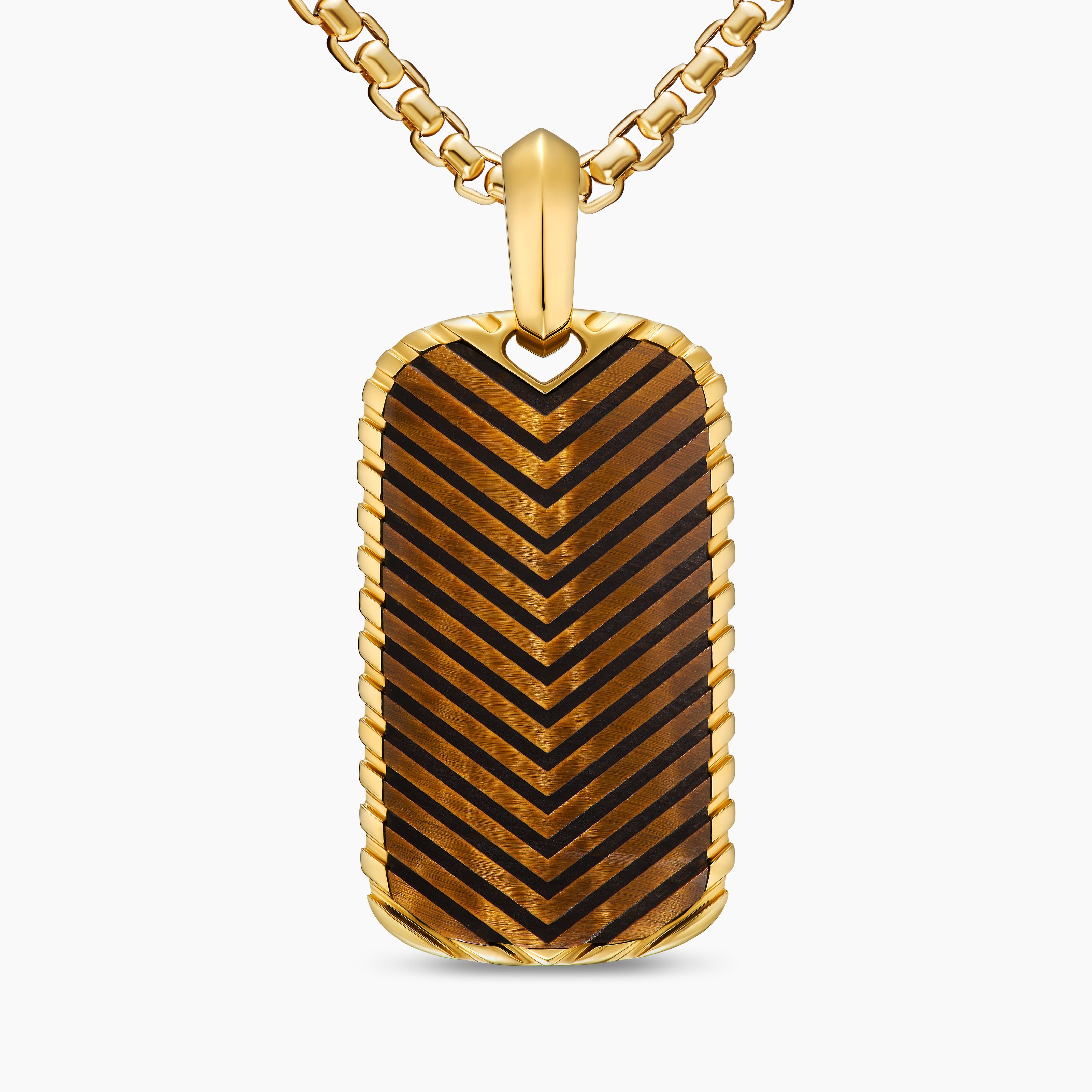 Mens Chevron Tag in 18K Yellow Gold with Tiger's Eye, 34mm
