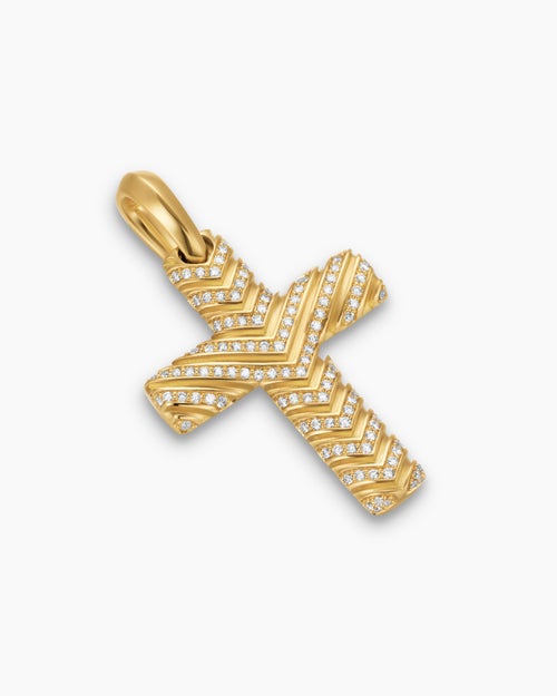 Mens Chevron Cross Pendant in 18K Yellow Gold with Diamonds, 36mm
