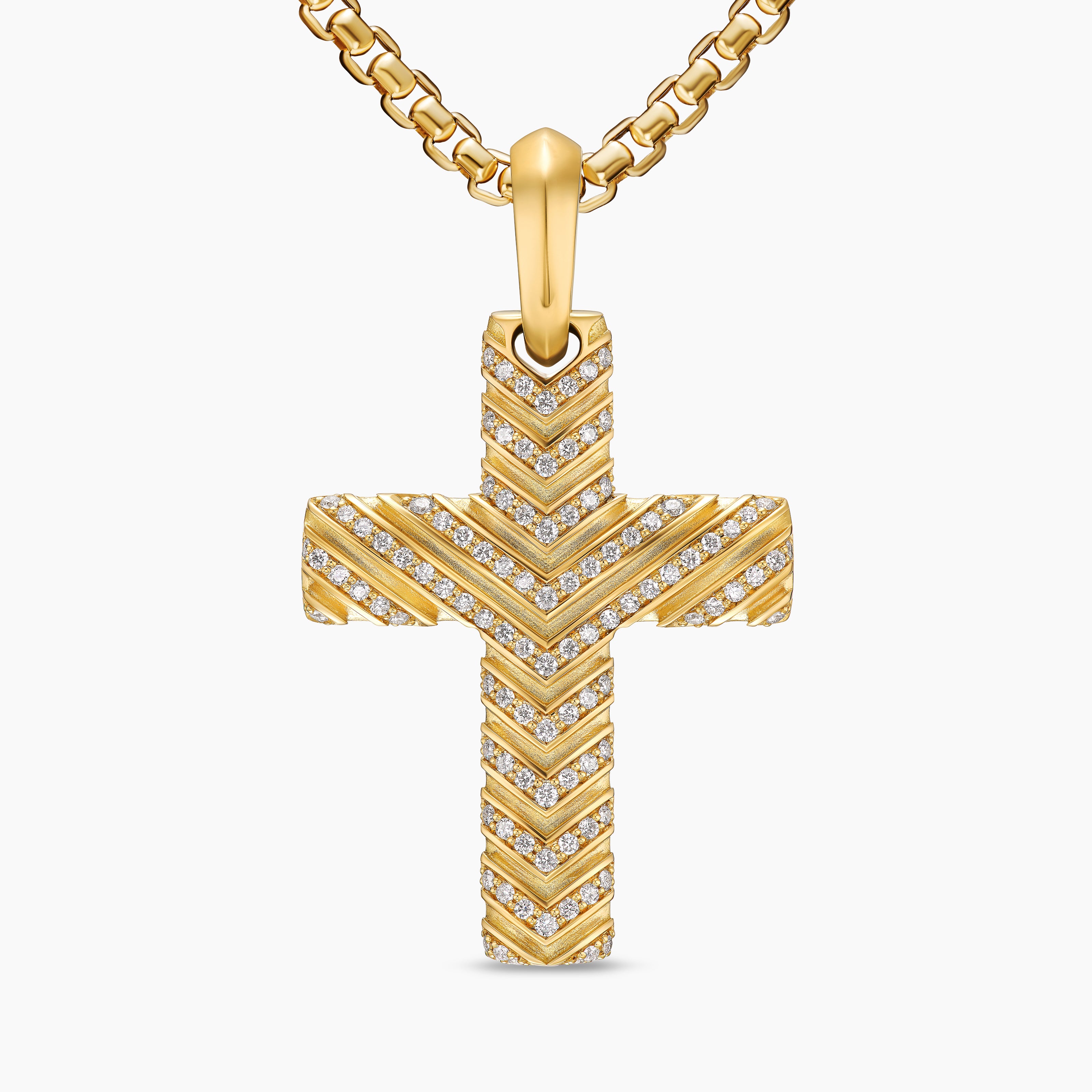 Mens Chevron Cross Pendant in 18K Yellow Gold with Diamonds, 36mm