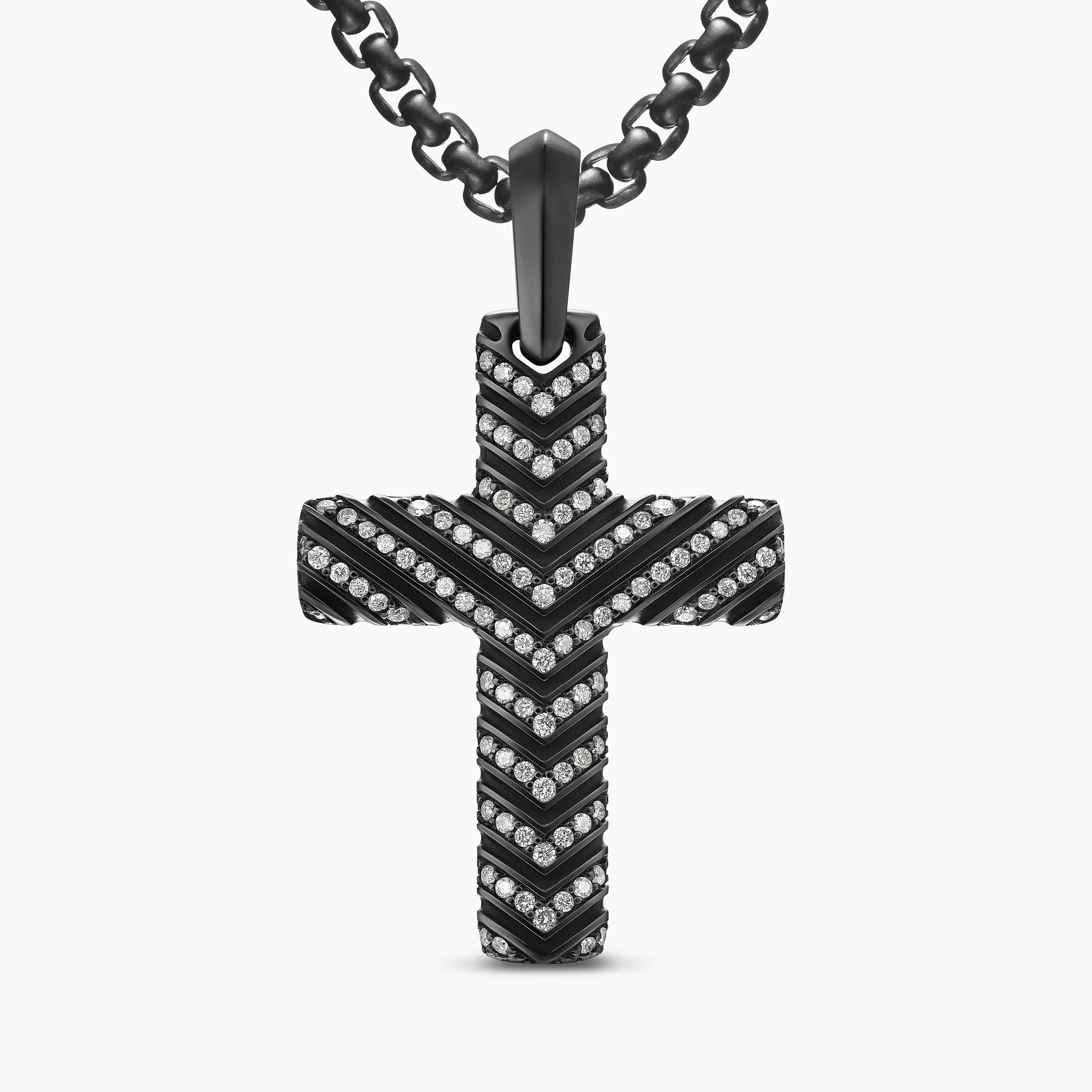 Mens Chevron Cross Pendant in Black Titanium with Diamonds, 36mm
