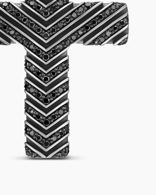 Mens Chevron Cross Pendant in Sterling Silver with Black Diamonds, 36mm