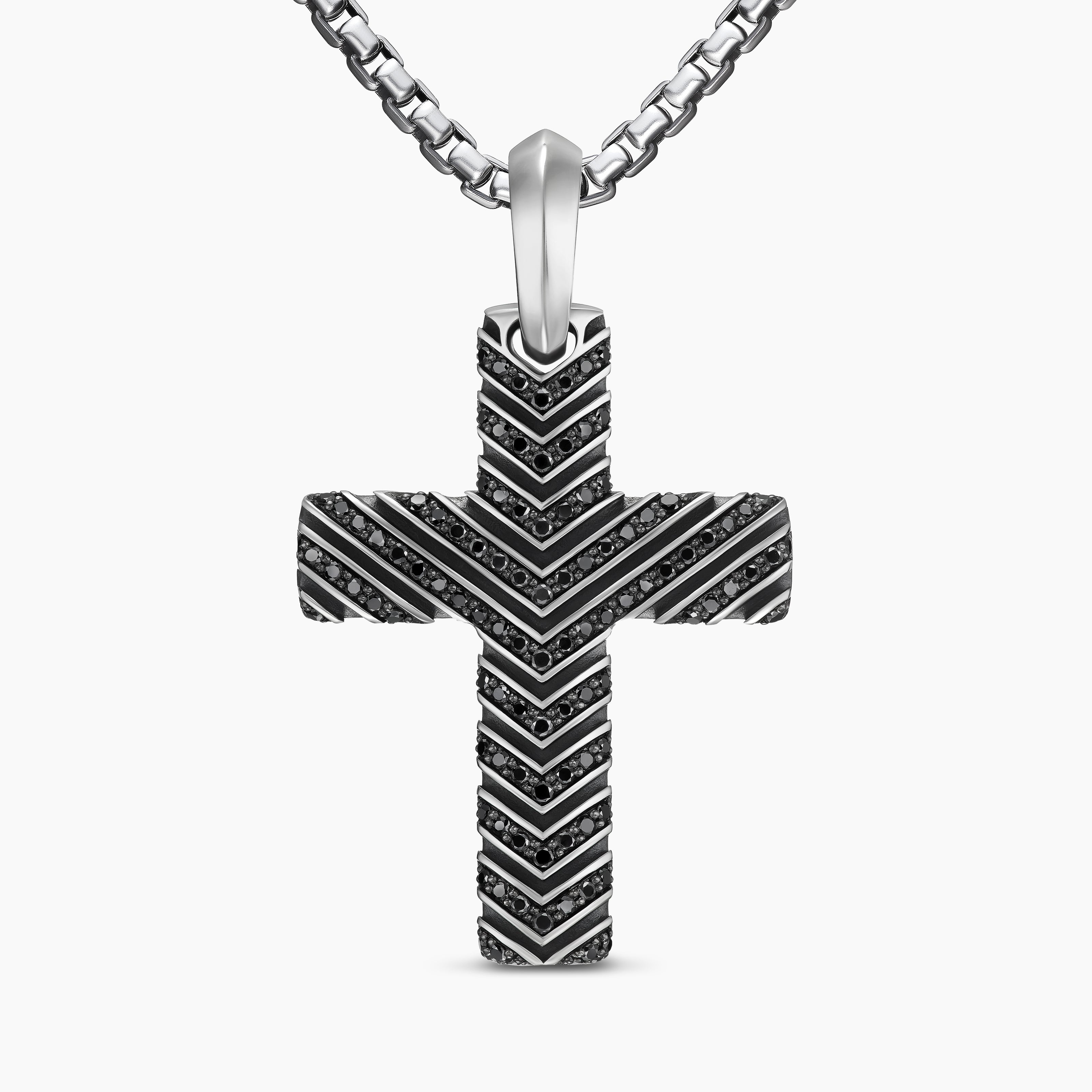 Mens Chevron Cross Pendant in Sterling Silver with Black Diamonds, 36mm