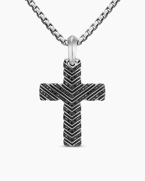 Mens Chevron Cross Pendant in Sterling Silver with Black Diamonds, 36mm