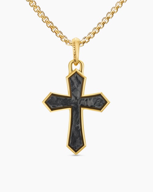 Mens Cross Amulet in 18K Yellow Gold with Forged Carbon, 28mm