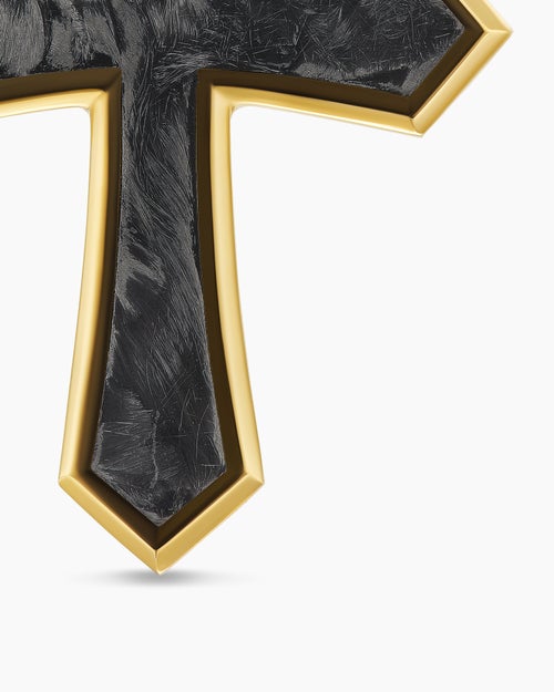 Mens Cross Amulet in 18ct Yellow Gold with Forged Carbon, 28mm