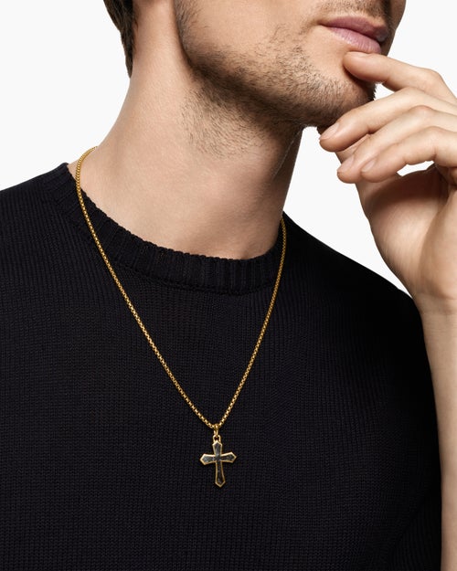 Mens Cross Amulet in 18ct Yellow Gold with Forged Carbon, 28mm