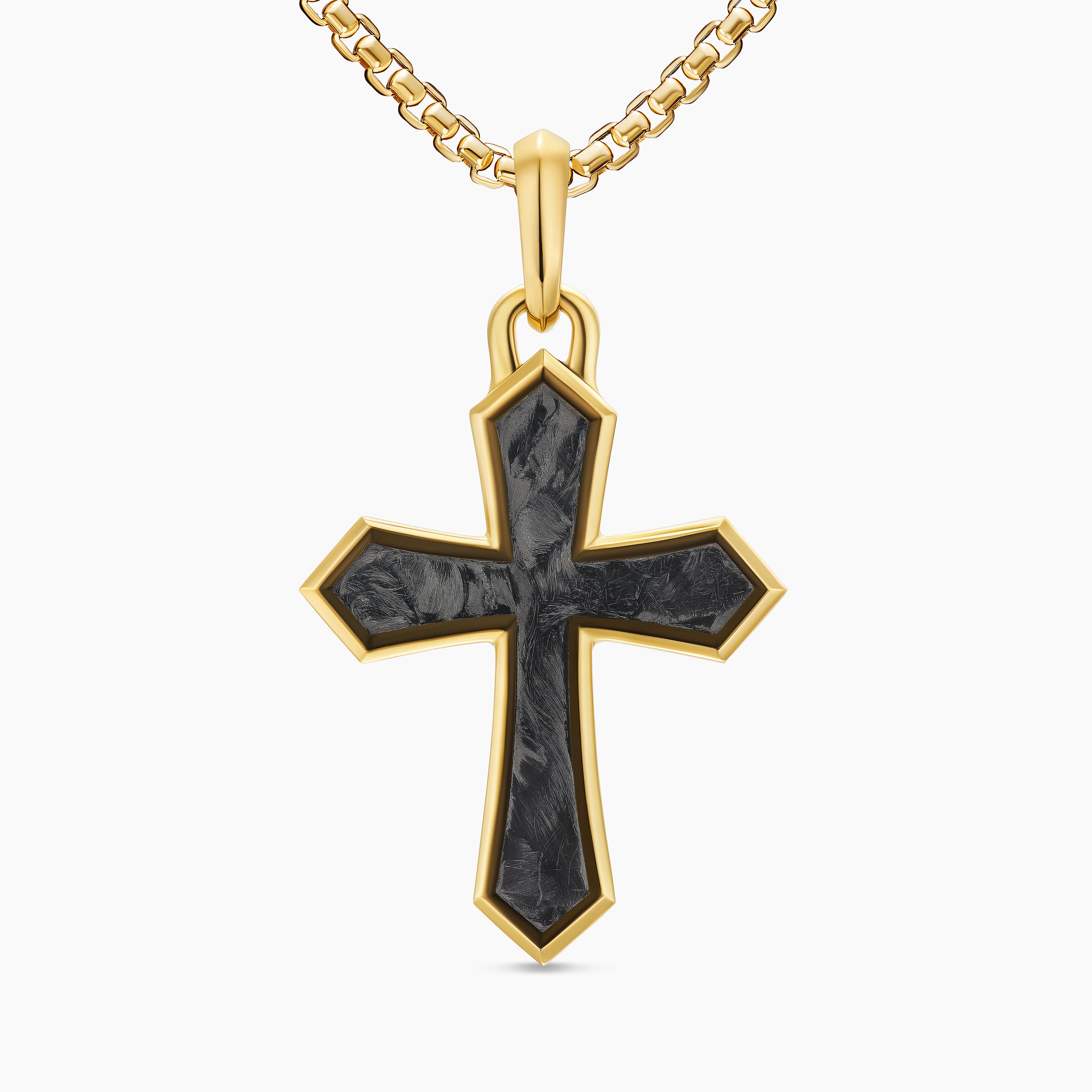 Mens Cross Amulet in 18K Yellow Gold with Forged Carbon, 28mm