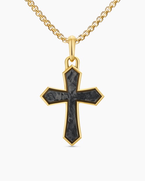 Mens Cross Amulet in 18ct Yellow Gold with Forged Carbon, 28mm