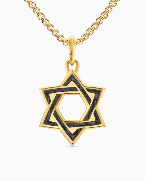 Mens Star of David Amulet in 18K Yellow Gold with Forged Carbon, 25mm