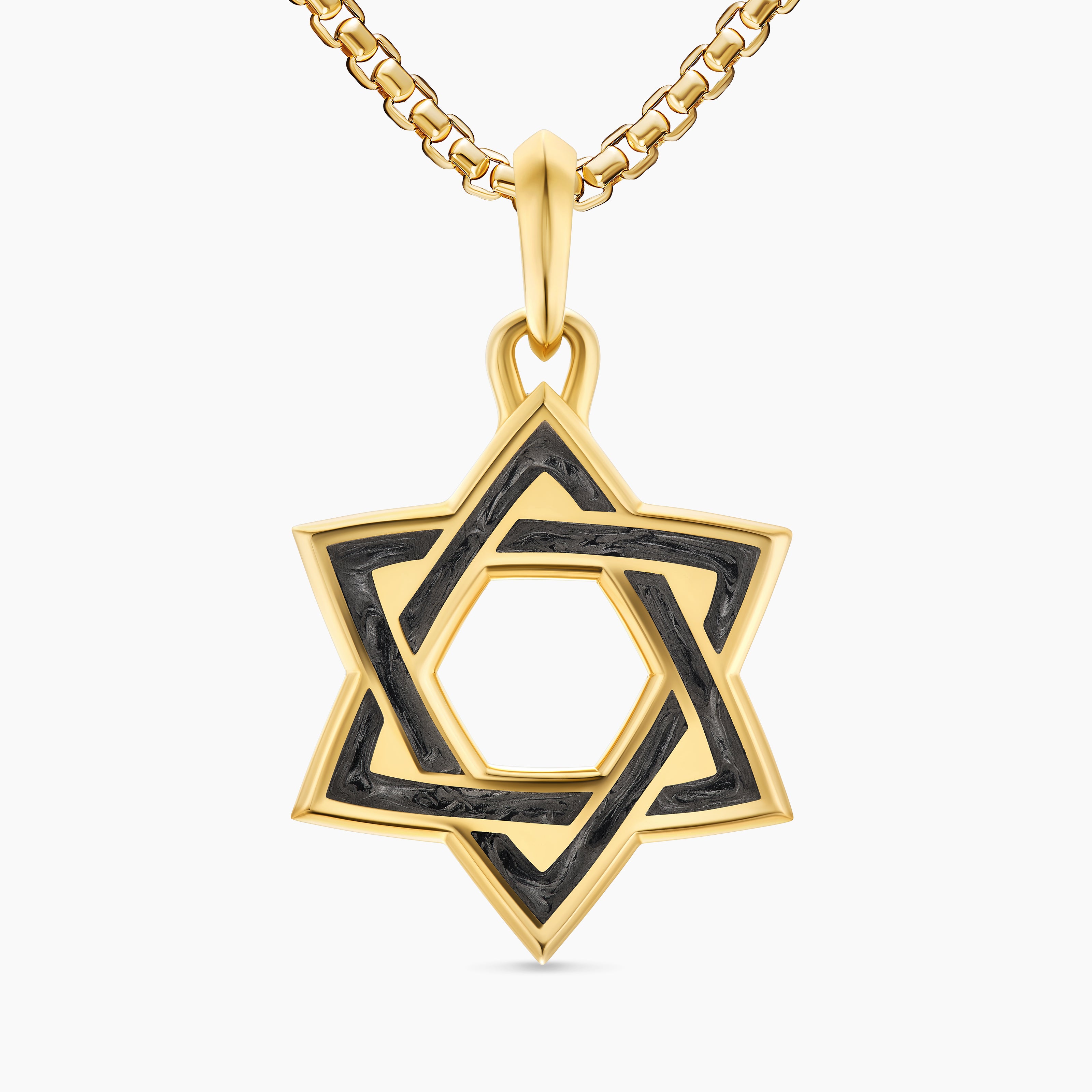 Mens Star of David Amulet in 18K Yellow Gold with Forged Carbon, 25mm