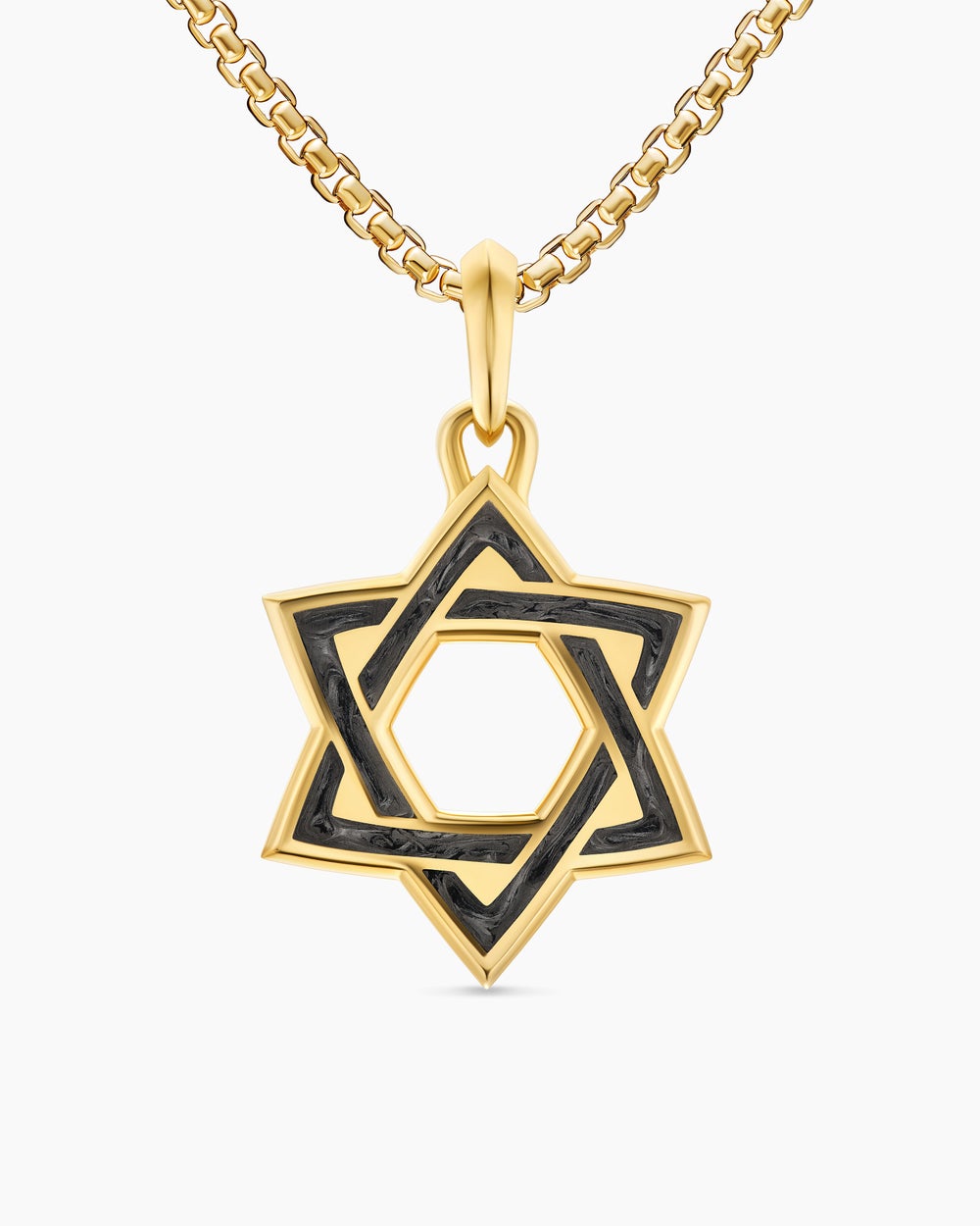 Mens Star of David Amulet in 18K Yellow Gold with Forged Carbon, 25mm