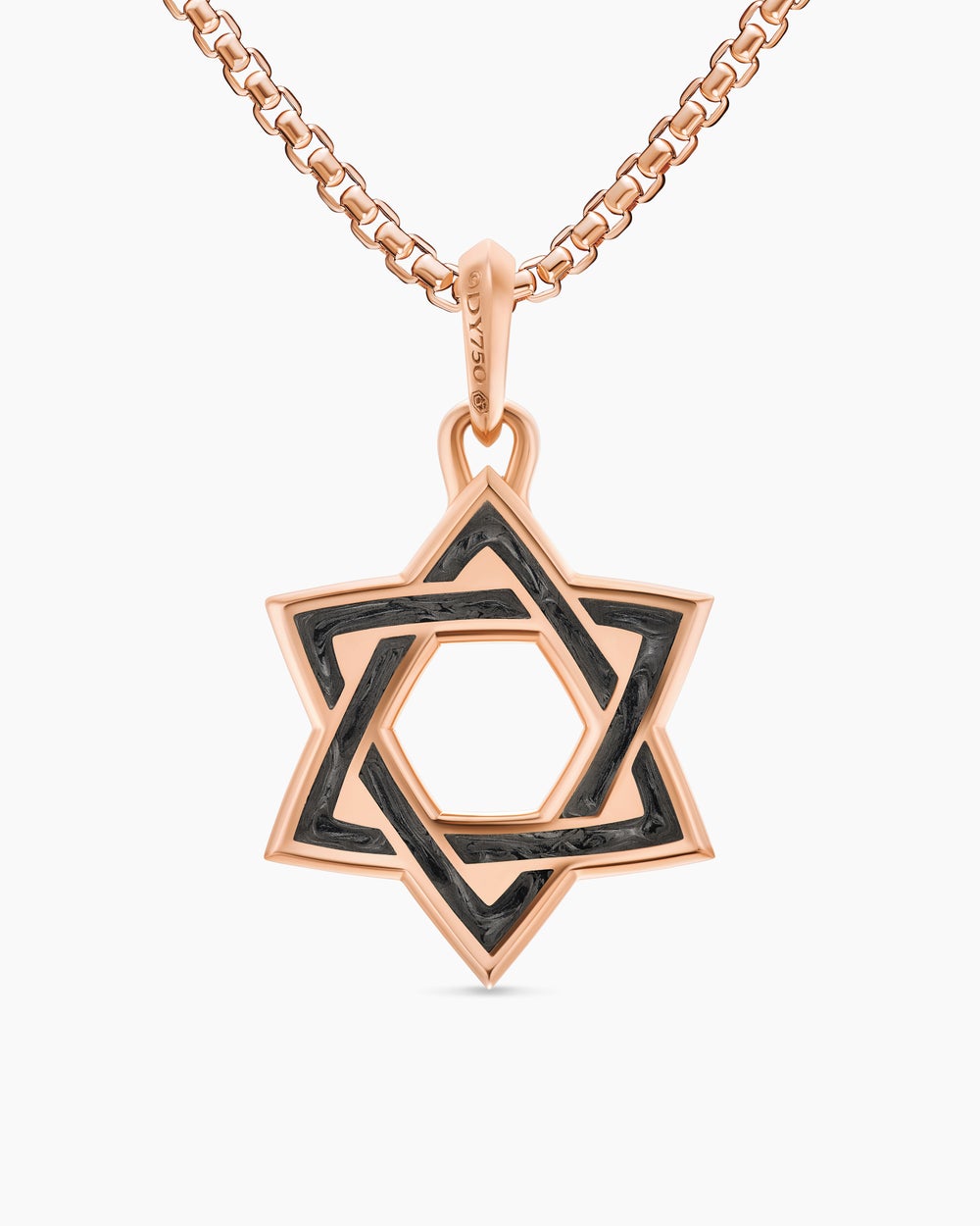 Mens Star of David Amulet in 18K Rose Gold with Forged Carbon, 25mm