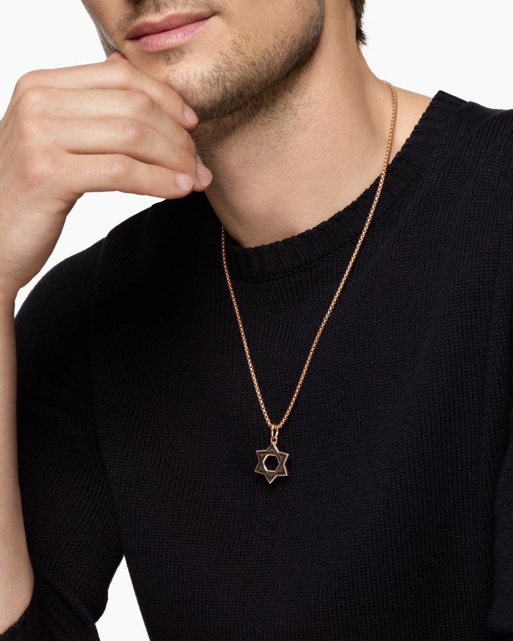 Mens Star of David Amulet in 18K Rose Gold with Forged Carbon, 25mm