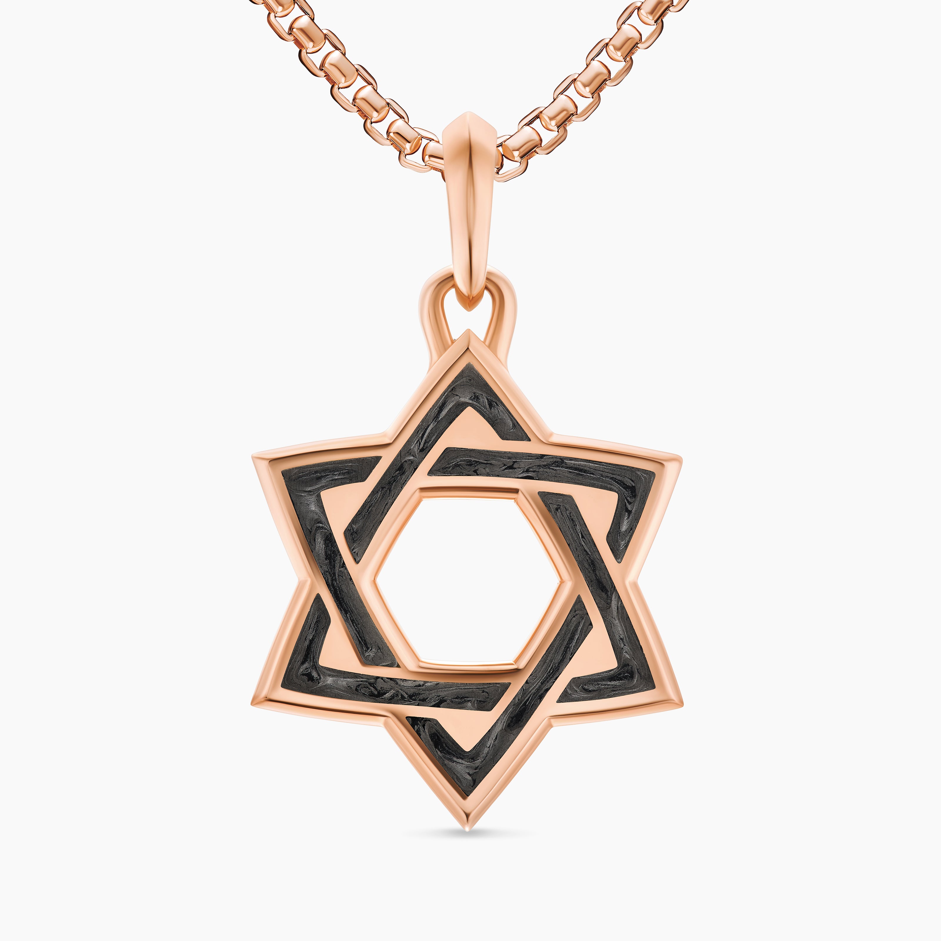 Mens Star of David Amulet in 18K Rose Gold with Forged Carbon, 25mm