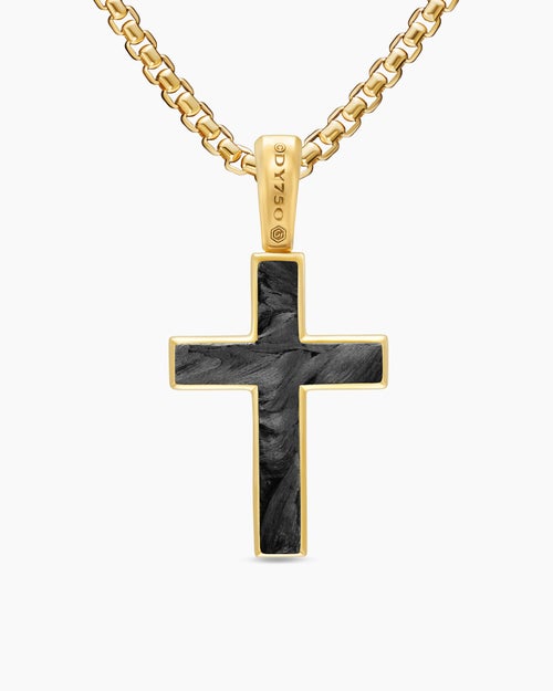 Mens Cross Amulet in 18K Yellow Gold with Forged Carbon, 24mm