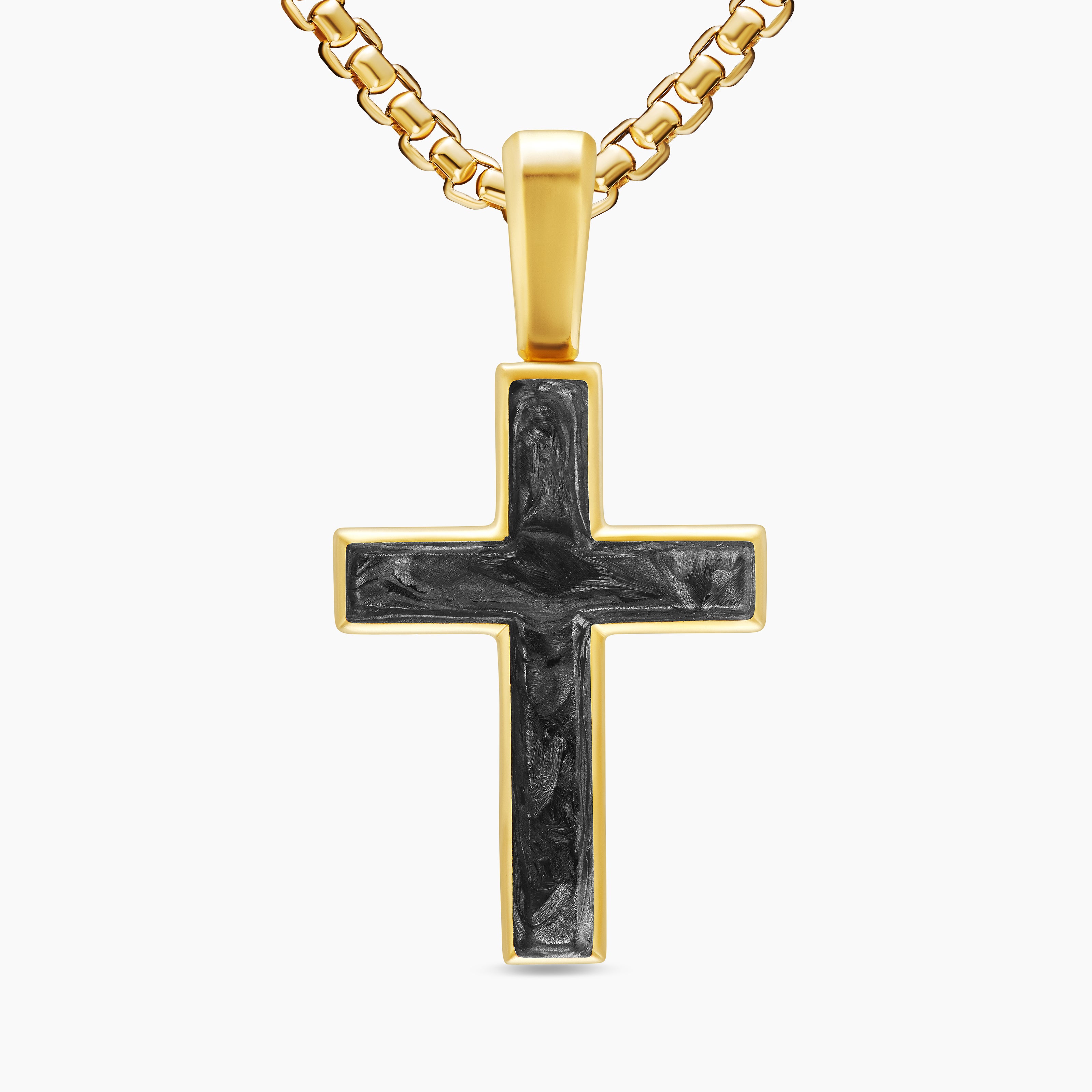 Mens Cross Amulet in 18K Yellow Gold with Forged Carbon, 24mm