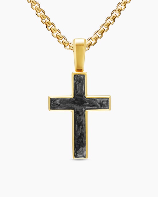 Cross Amulet in 18K Yellow Gold with Forged Carbon, 24mm