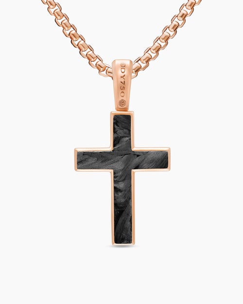 Mens Cross Amulet in 18K Rose Gold with Forged Carbon, 24mm