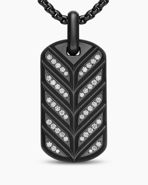 Mens Chevron Fluorescent Tag in Black Titanium with Diamonds, 35mm