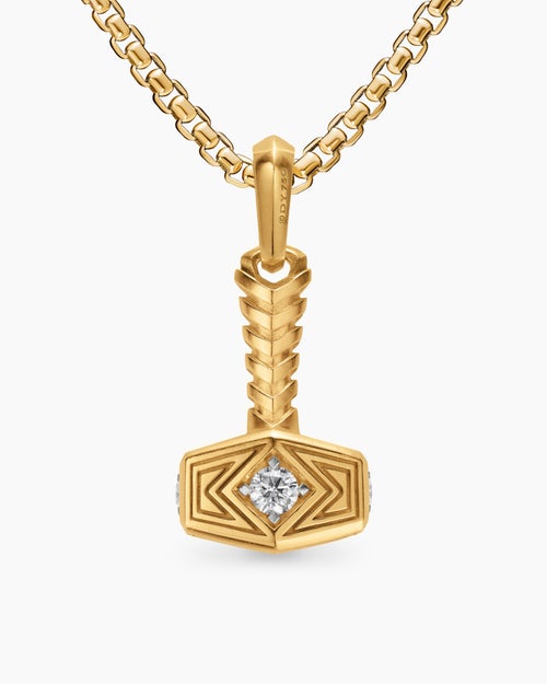 Mens Thor Hammer Amulet in 18K Yellow Gold with Diamonds, 25mm