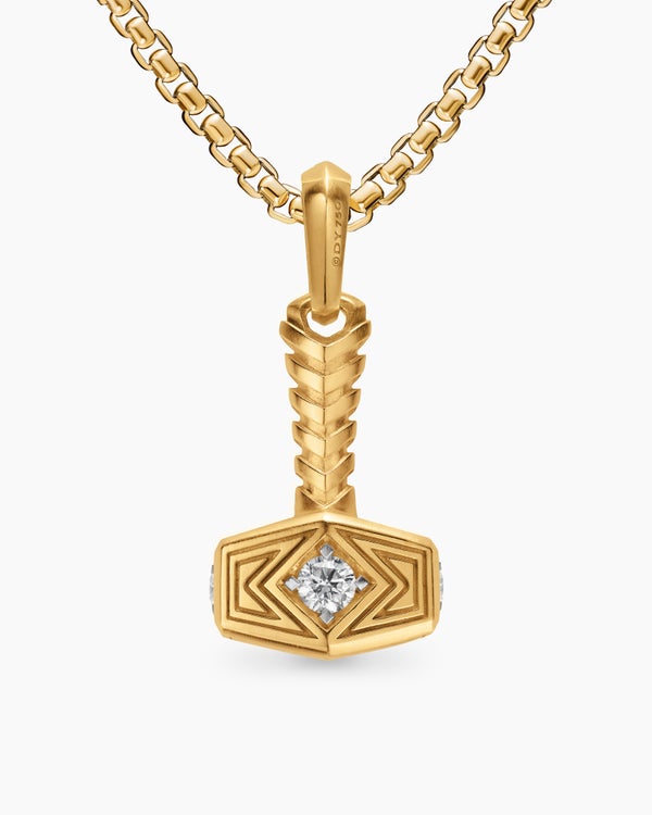 Thor Hammer Amulet in 18K Yellow Gold with Diamonds, 25mm