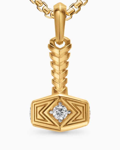 Mens Thor Hammer Amulet in 18K Yellow Gold with Diamonds, 25mm