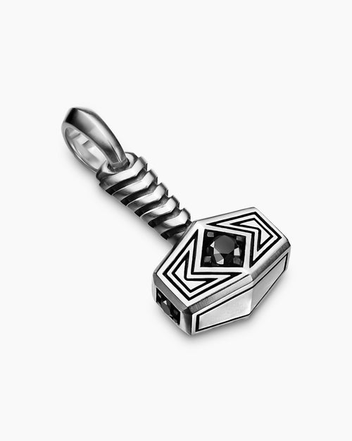 Mens Thor Hammer Amulet in Sterling Silver with Black Diamonds, 25mm