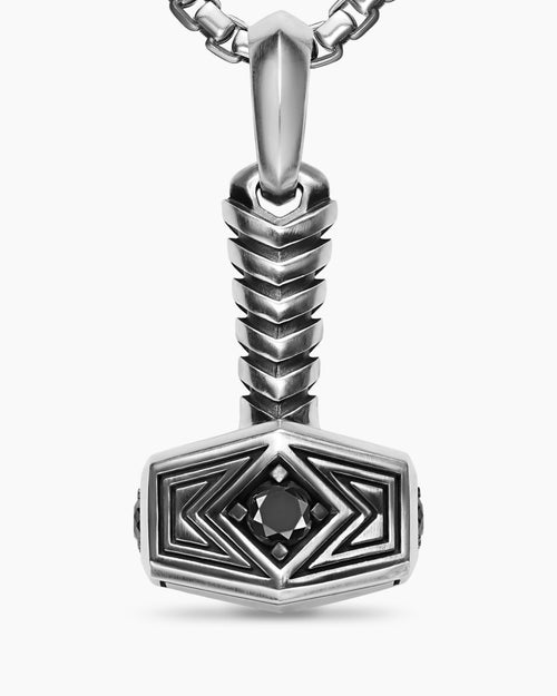 Mens Thor Hammer Amulet in Sterling Silver with Black Diamonds, 25mm