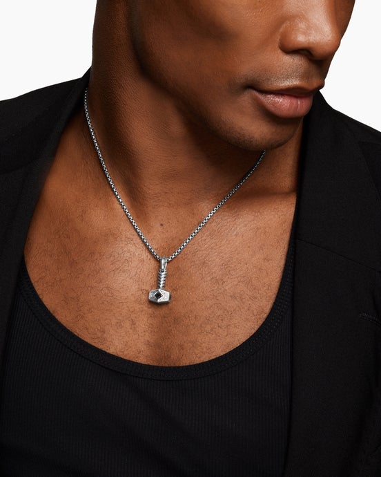 Thor Hammer Amulet in Sterling Silver with Black Diamonds, 25mm