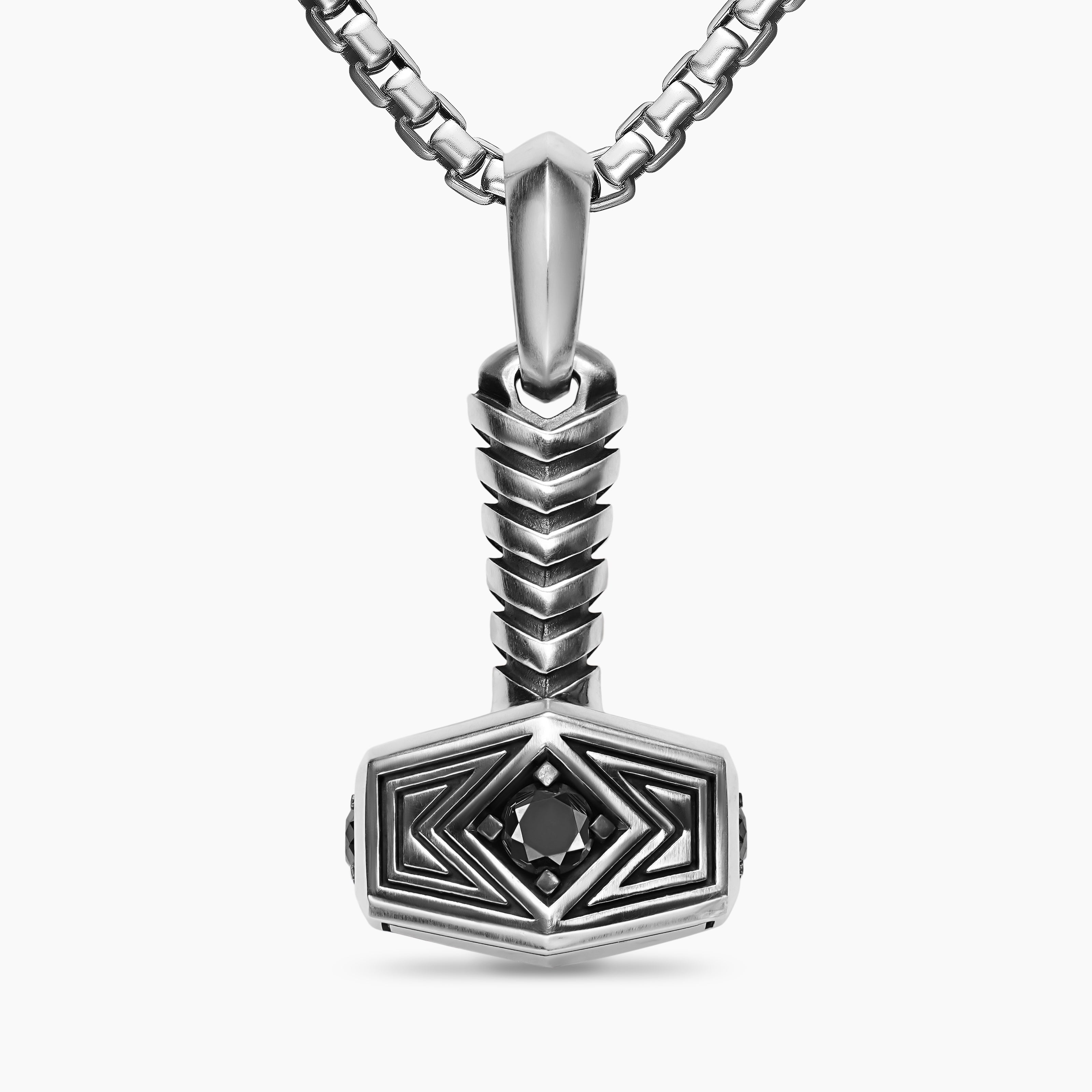 Mens Thor Hammer Amulet in Sterling Silver with Black Diamonds, 25mm