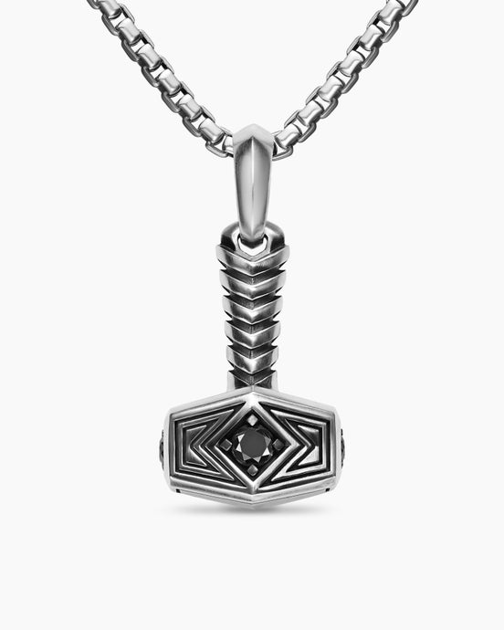 Thor Hammer Amulet in Sterling Silver with Black Diamonds, 25mm